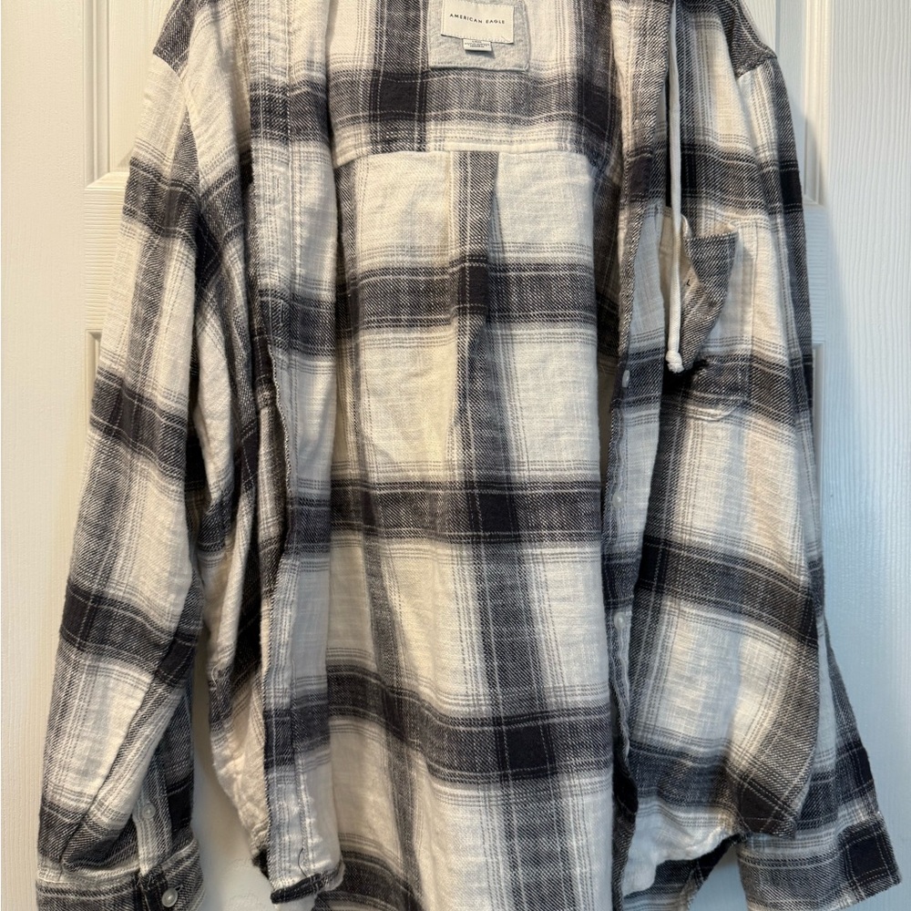 American Eagle Outfitters Black and White Plaid Flannel Hoodie